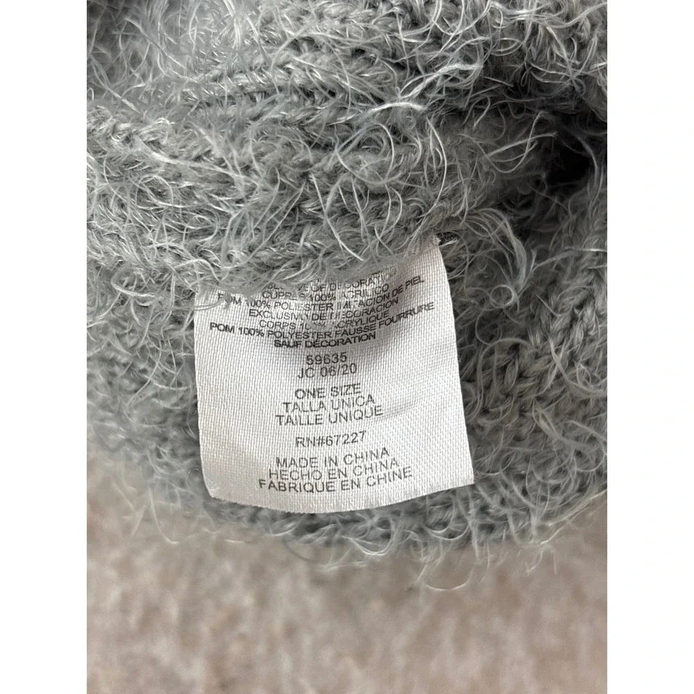 Grey Fuzzy Eyelash Knit Pom-Pom Beanie One Size RN 67227 Winter Hat